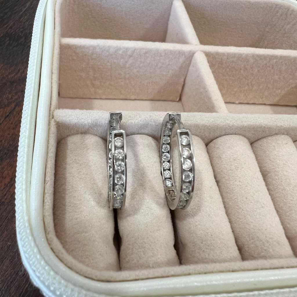 Solid 14k White Gold Hoop Earrings With High Quality Cubic Zirconia Diamonds